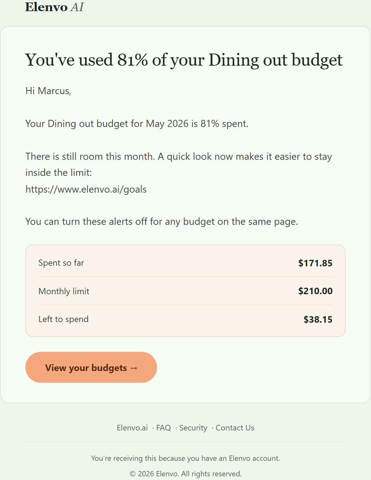Budget alert email with the subject "You've used 81% of your Dining out budget"