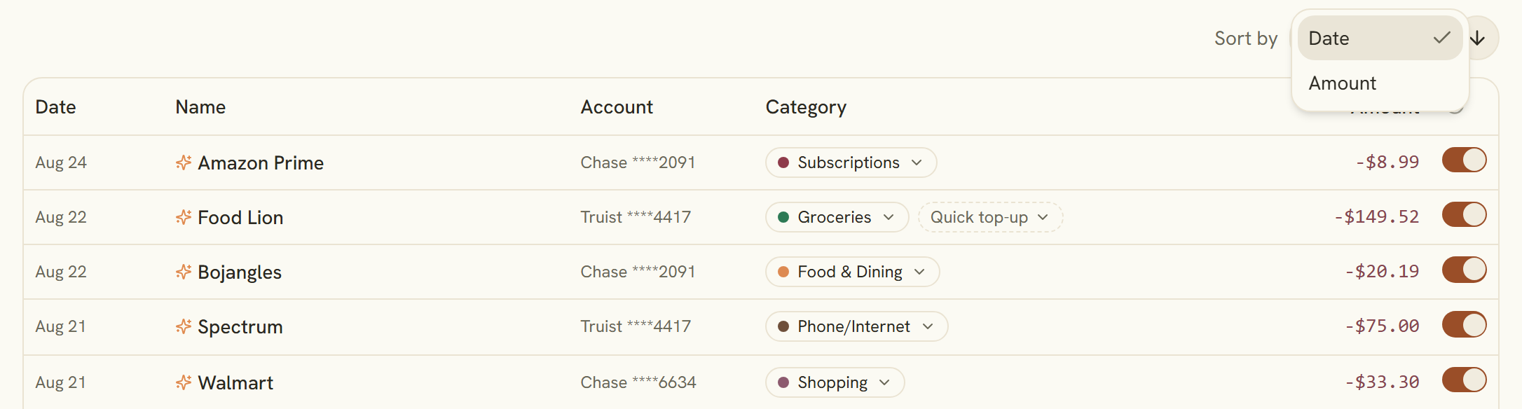 Sort control open on the transactions list